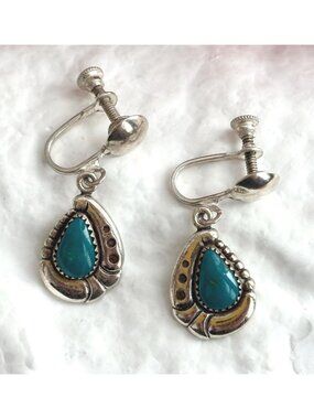 Teardrop Turquoise Accented Southwest Navajo Sterling Silver 925 Earrings